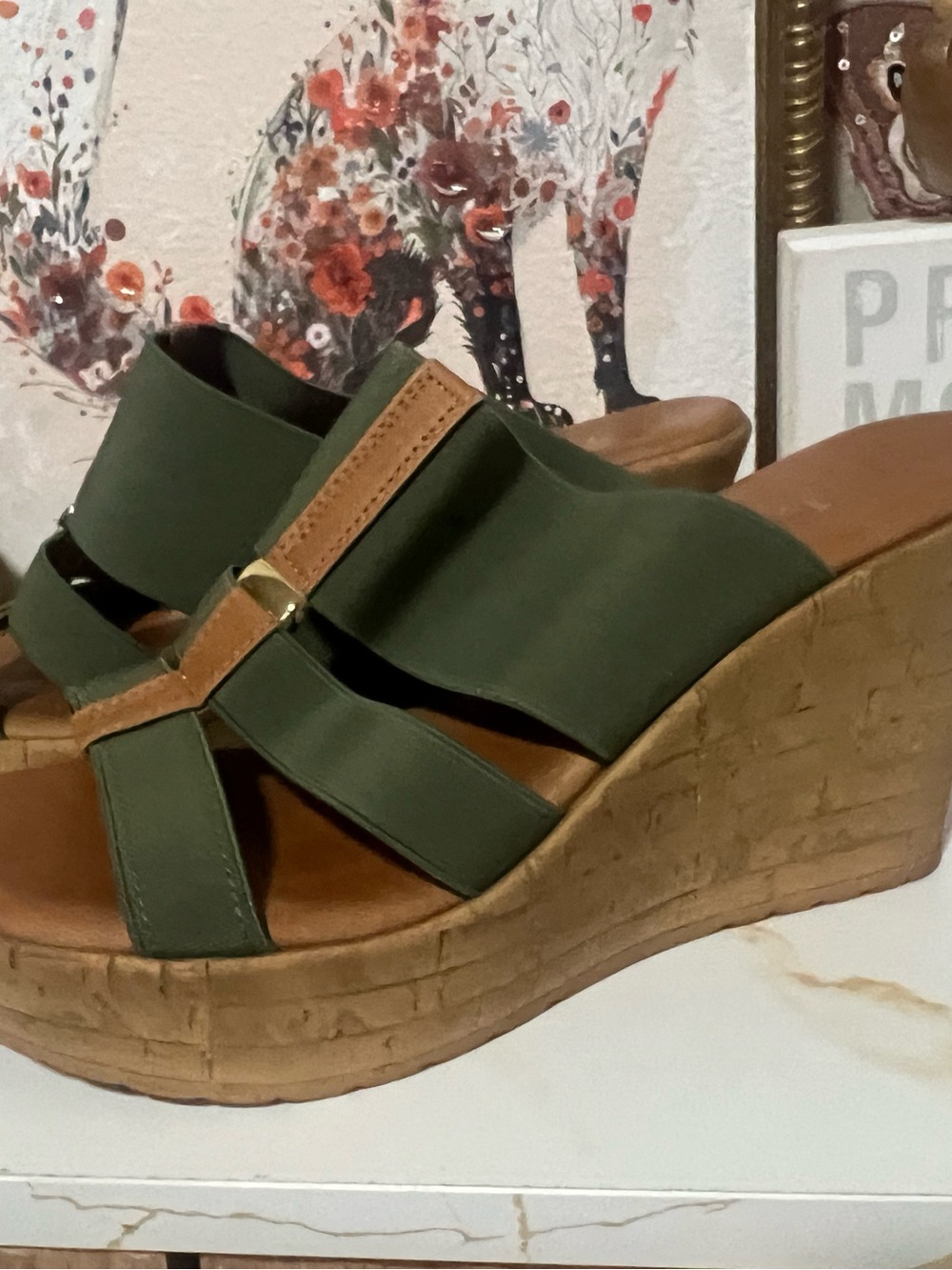 Italian Shoemakers Olive Green and Tan Wedge Sandals